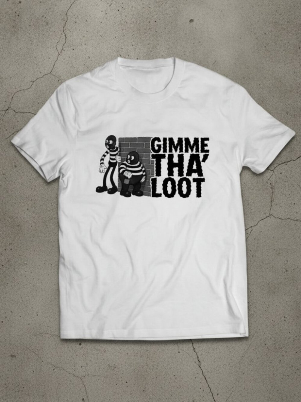 Gimme Tha Loot Robber Cartoon Vintage Funny Graphic White T-Shirt